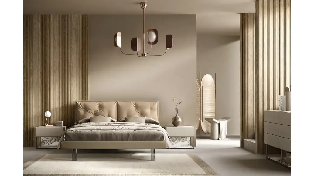 M16 Cross Bed with upholstered fabric headboard by Moretti Compact Giorno Notte.