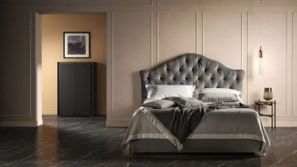 Fabric upholstered bed with a tufted design and a shaped Queen headboard by Bside.