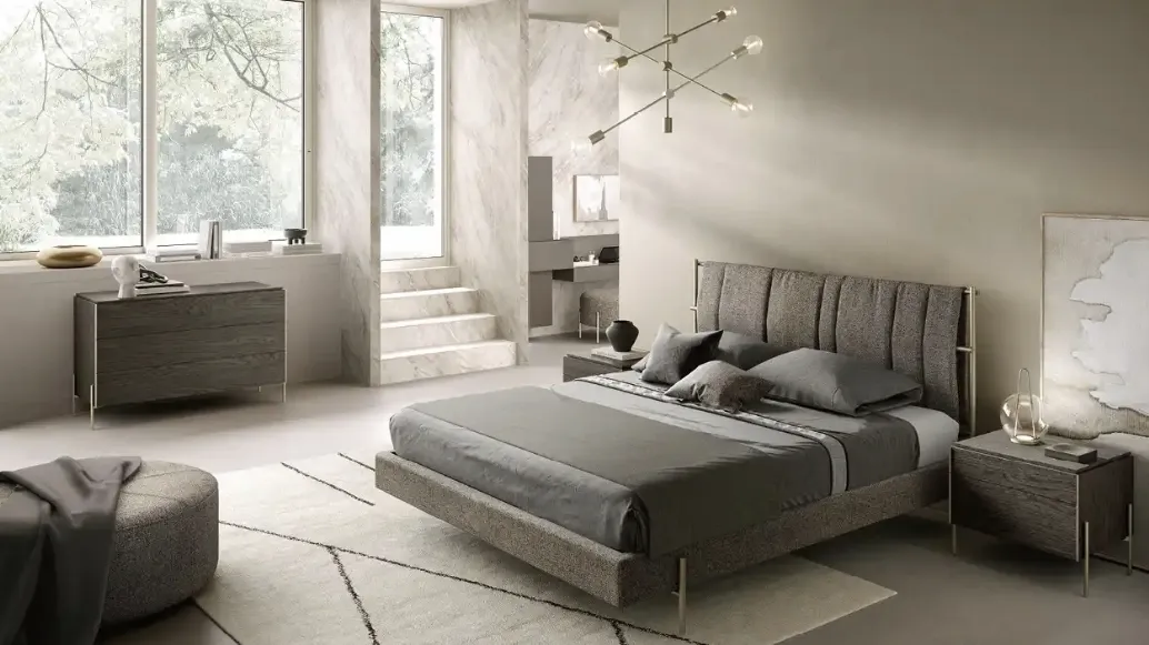 Rigel V12 bed with fabric headboard by Moretti Compact Giorno Notte.