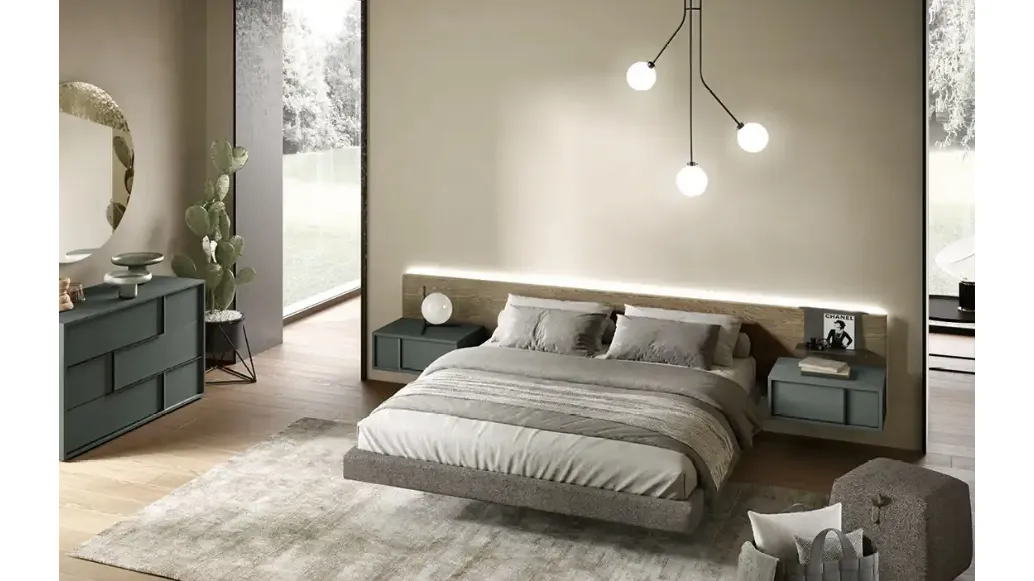 Wall Panel P12 bed in oak veneer in the color yuta by Moretti Compact Day Night.