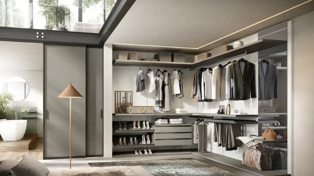 Gemini G221 walk-in closet in melamine resin and stone lacquer by Moretti Compact Giorno Notte.