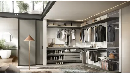 Gemini G221 walk-in closet in melamine resin and stone lacquer by Moretti Compact Giorno Notte.