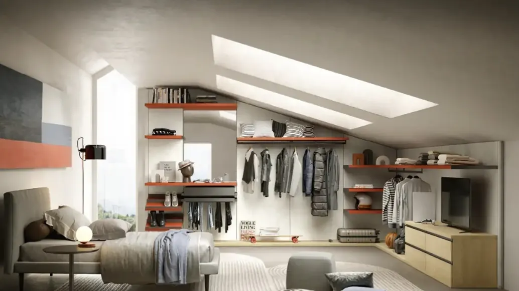 Custom walk-in closet in honey oak and coral lacquered Gemini G226 by Moretti Compact Giorno Notte