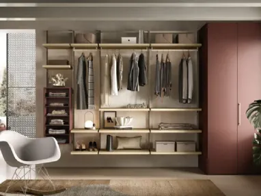 Orion O424 walk-in closet in matte lacquer and honey oak by Moretti Compact Giorno Notte.