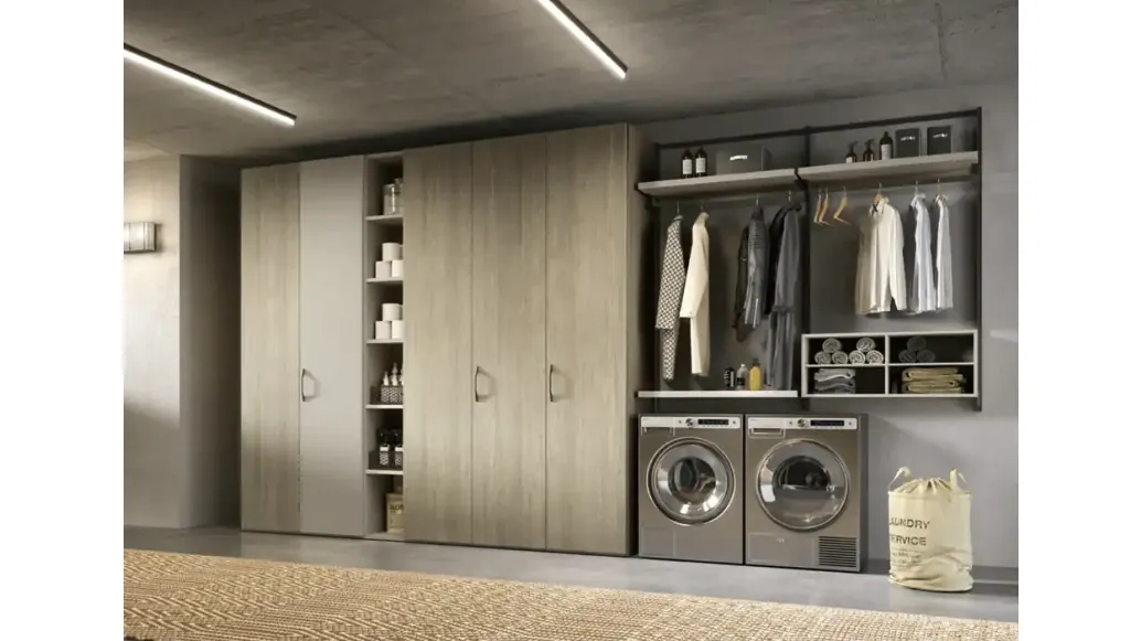 Orion O425 walk-in closet in honey oak and lacquered finish by Moretti Compact Giorno Notte.